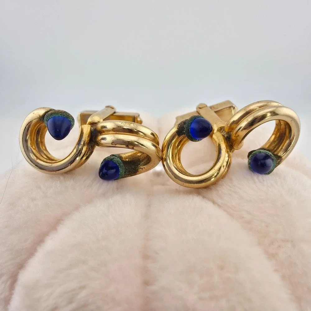Vtg 80 Yr Old Swirled Cufflinks Blue Glass Accents Swirling Knot Gold Plate